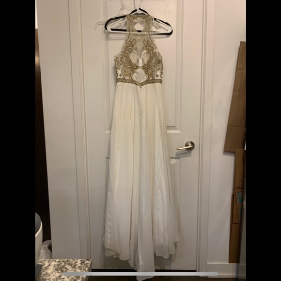 Cream/white A-line prom dress with gold/yellow rhinestones - Picture 3 of 14
